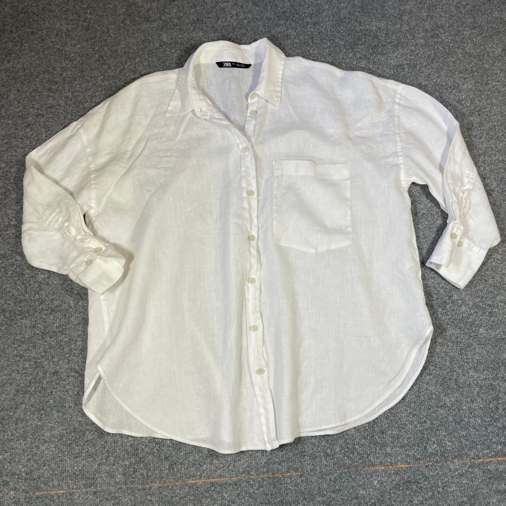 Zara Button Down Shirt Womens Large White 100% Linen Long Sleeve Pocket Relaxed